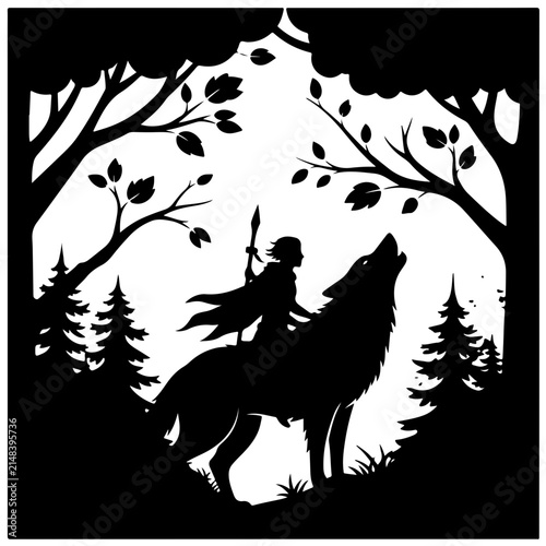 Warrior Riding Howling Wolf in Forest Silhouette Vector Illustration