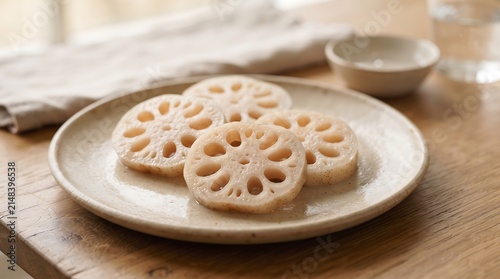 A close-up view of four slices of cooked lotus root arranged on a rustic ceramic plate.