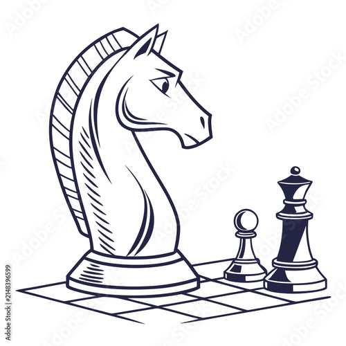Bild auf Leinwand Chess knight piece standing on board next to pawn and queen