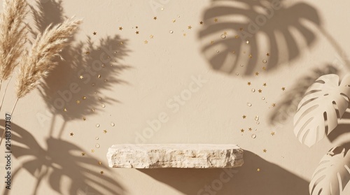 Stone display platform features dried grass and tropical leaf shadows for a clean.