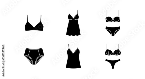 Foto Black Lingerie Icons, Vector Set: Bras, Panties, Camisoles, Sleepwear, Underwear