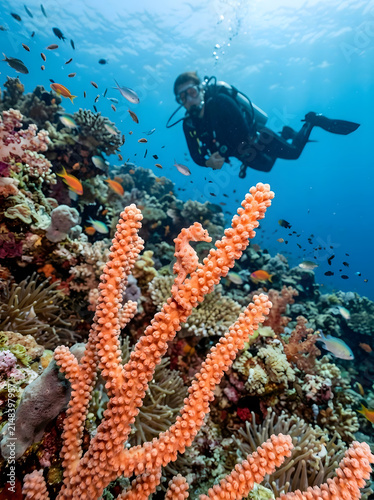 Tiny Pygmy Seahorse Camouflaged on Coral with Diver in Background
