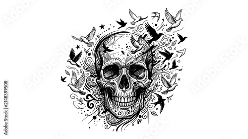 Fotografie Detailed Skull with Birds and Swirls Illustration