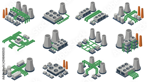 Industrial factory components featuring cooling towers and piping networks provide a comprehensive visual guide for engineers designing energy and manufacturing infrastructure projects.
