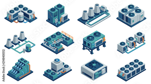 Cooling systems and ventilation units for industrial facilities are presented in an isometric collection to showcase modern mechanical design for engineering and construction development purposes.