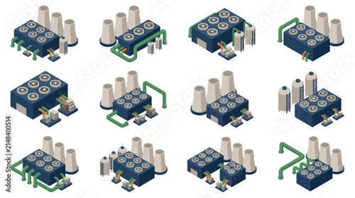 Industrial ventilation and air conditioning modules are displayed as separate isometric units to represent various factory cooling infrastructure solutions for engineering and construction planning.