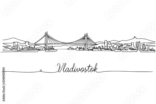 Fotografie Vladivostok skyline continuous line vector illustration with hand drawn bridge a