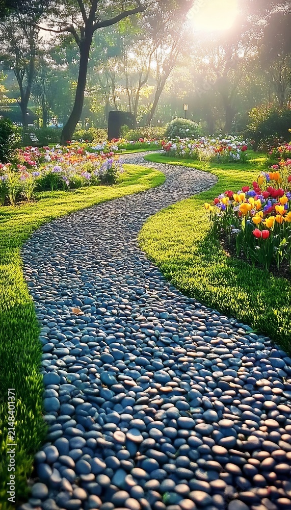 Obraz premium Beautiful Winding Pebble Path Through a Vibrant Flowered Garden Bathed in Radiant Morning Sunlight.