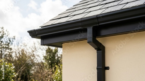 Modern black roof gutter and downpipe installation on residential house exterior.