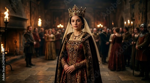 Beautiful medieval queen wearing a golden crown and royal velvet dress standing in a dark candle lit stone castle hall