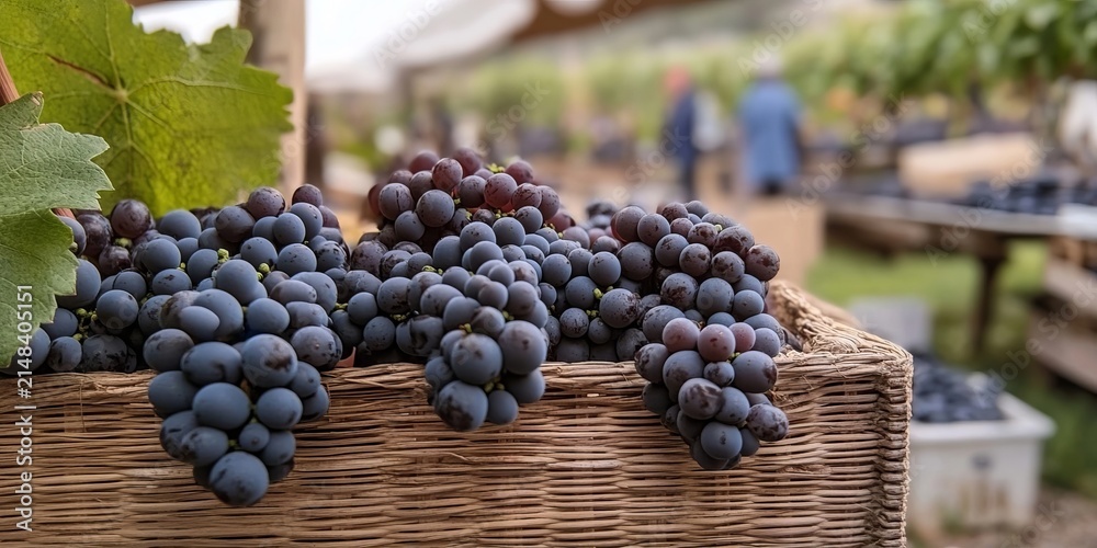 Obraz premium Fresh Wine Grapes Clusters In A Woven Basket Placed At A Heritage Market Background For Farm Food