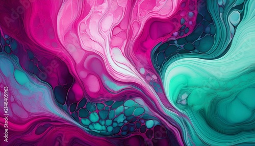 Abstract Vibrant Magenta And Mint Green Fluid Art Background With Detailed Cellular Marble Texture