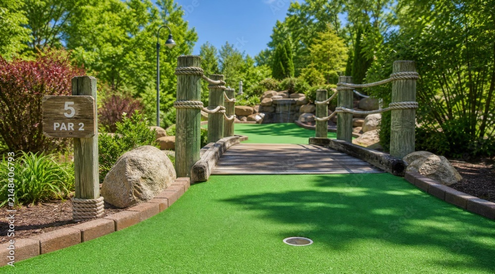 Fototapeta premium Miniature golf course hole number six with a wooden rope bridge.
