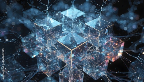 Glowing interconnected cubes with digital network connections