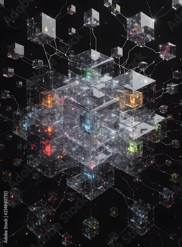 Network of glowing cubes with interconnected lines on black background