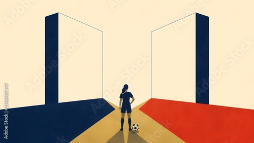 sports women's football illustration of player facing two pathways and a career choice

