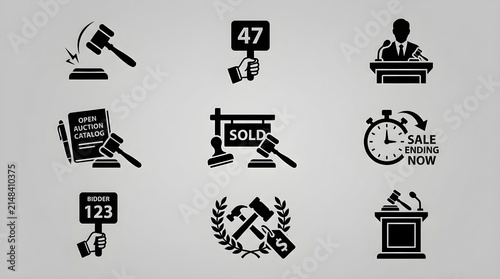  Black and white auction icon collection featuring gavels, auctioneers, sold signs, countdown clocks, price tags, podiums, and sales symbols for marketplace branding and bidding design projects.