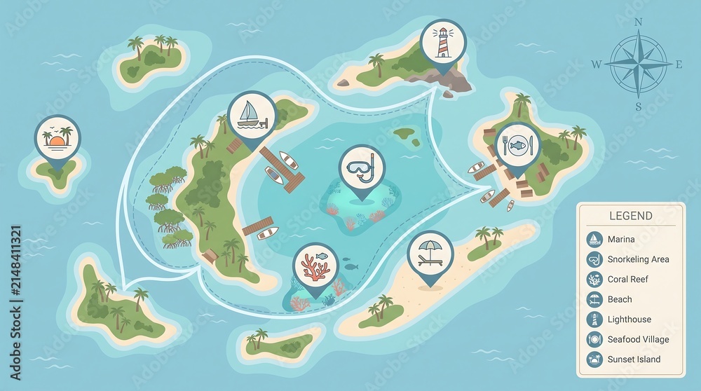 Naklejka premium A vibrant, illustrated map of a tropical archipelago showcasing various islands with distinct attractions like beaches, lighthouses, and snorkeling areas, connected by a tourist route.