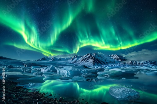 Vibrant green aurora borealis dancing over a frozen icy landscape with a reflective glacial lake