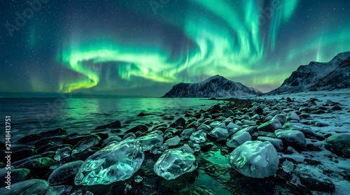 Breathtaking green aurora borealis dancing over a rocky coastline at night under a starry sky