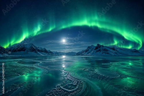 Stunning green aurora borealis dancing over a frozen arctic landscape with a bright full moon above