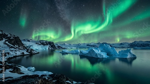 Breathtaking green aurora borealis dancing over a frozen icy landscape with reflection in calm water