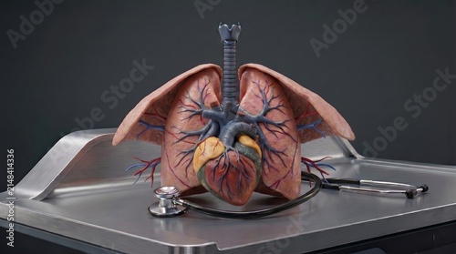 Anatomical models of human lungs and heart with a stethoscope on a dark background, medical checkup concept, cardiovascular health research.