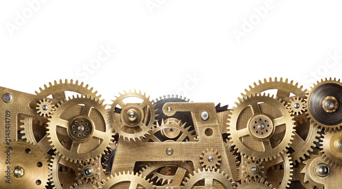 Canvas Print Golden Mechanical Gears and Cogs Background, Industrial Engineering, Precision M