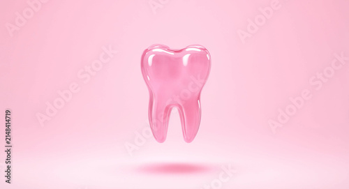 3D glossy pink human tooth on light background for dental care, hygiene, and dentistry concept