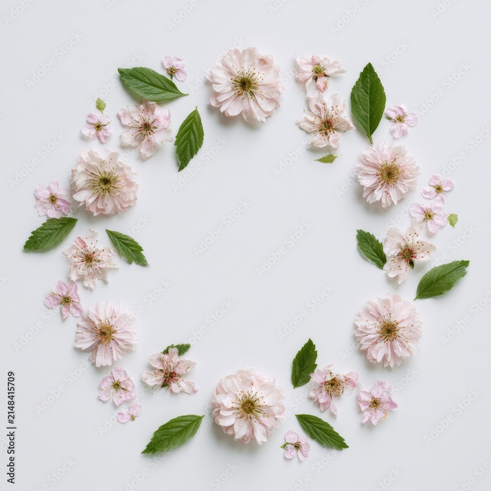 Naklejka premium Delicate pink spring blossoms and green leaves arranged in floral circle with white copy space