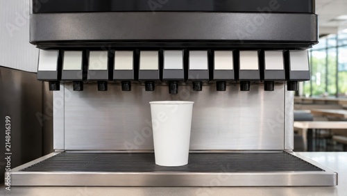 Soda fountain with cup eye level perspective with soft natural light and bold styling fine detail