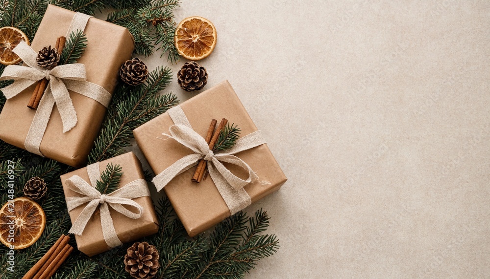 Fototapeta premium Natural Christmas Gift Boxes Wrapped In Kraft And Linen
