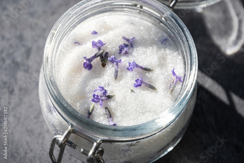 Konstfotografi Close up of homemade lavender sugar in glass jar