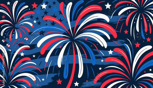 Red white and blue fireworks explode against a dark blue background with a translucent American flag and stars
