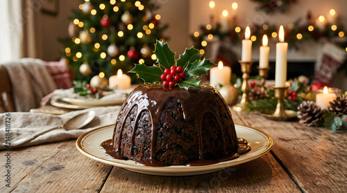 Festive Christmas Pudding: A rich, dark Christmas pudding topped with holly and berries sits proudly on a table set for a holiday feast.