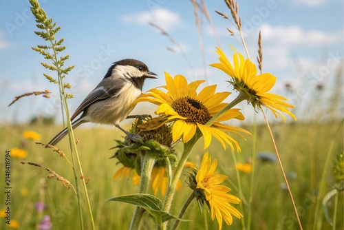 A small black capped chickadee bird perched on a bright yellow sunflower in a sunny summer meadow