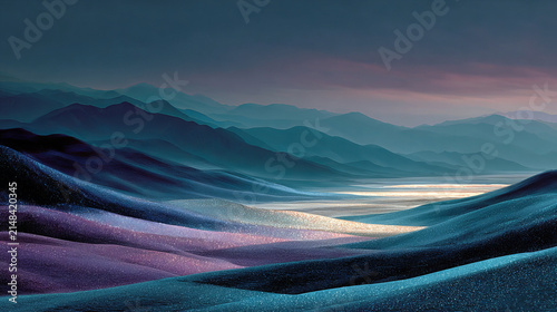 This is a soft gradient abstract landscape artwork, showing layered rolling hills in cool blue, purple and warm dusk tones, with distant misty mountain ranges stretching to the horizon.

