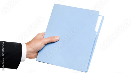Hand holding blue file folder with white documents isolated on transparent background