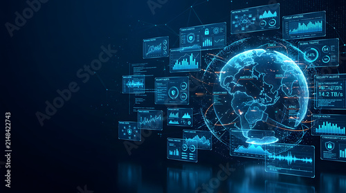 Global Data Visualization: A futuristic holographic globe displays complex data analytics and charts, surrounded by numerous screens showcasing market trends and information.