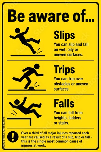 Yellow Warning Safety Sign Poster for Slips Trips and Falls Awareness in Workplace Environment