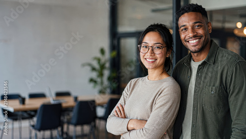 Two smiling colleagues stand side by side in a modern office with a conference table and chairs in the background.
