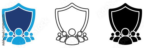 Multicolor Shield People Icon Set with Filled and Outline Styles for Team Protection Community Security Group Safety and User Privacy Isolated on Transparent Background