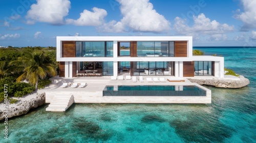 Modern oceanfront villa featuring an infinity pool nestled in a lush tropical paradise