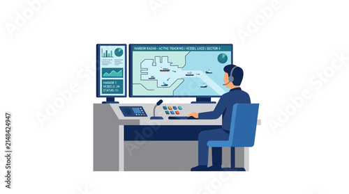 Man operating control panel with monitors showing map and data in a control room