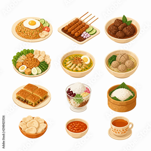 Collection of Indonesian Food Dishes Illustrated, Featuring Nasi Goreng, Satay, Meatballs, Soto, Martabak, and Dessert