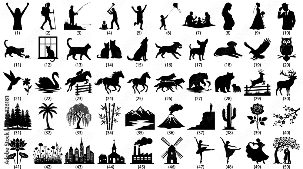 Fototapeta premium Collection of black silhouettes featuring various people animals plants and city landscapes for graphic design projects and creative art works