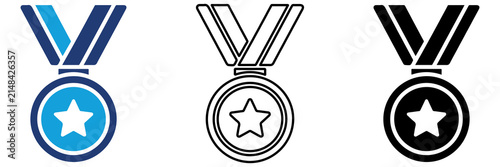 Multicolor Award Medal Icon Set with Filled and Outline Styles for Achievement Winner Excellence Recognition Prize Success and Certification Isolated on Transparent Background