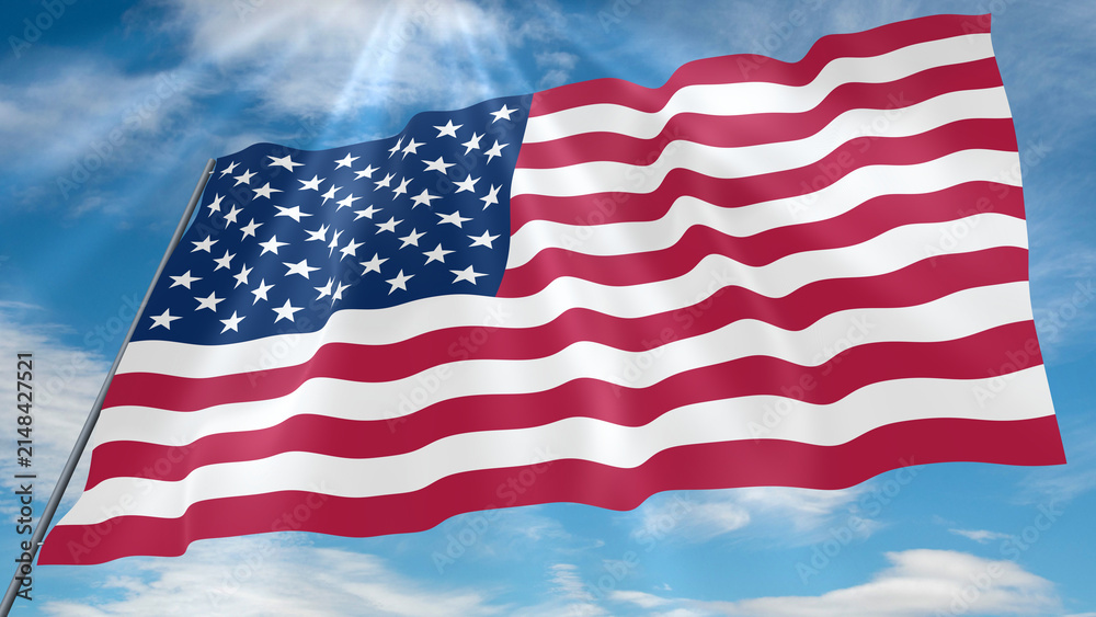 Fototapeta premium USA Waving Flag on Blue Sky Background