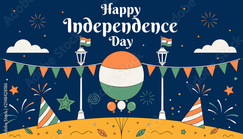 Happy independence day greeting with tricolor balloon. Saffron white and green party decoration. Holiday celebration background with more copy space for text 
