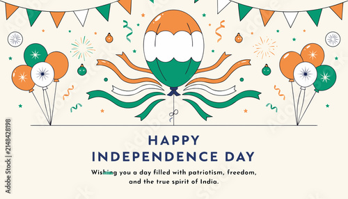 Happy independence day greeting with tricolor balloon. Saffron white and green party decoration. Holiday celebration background with more copy space for text 